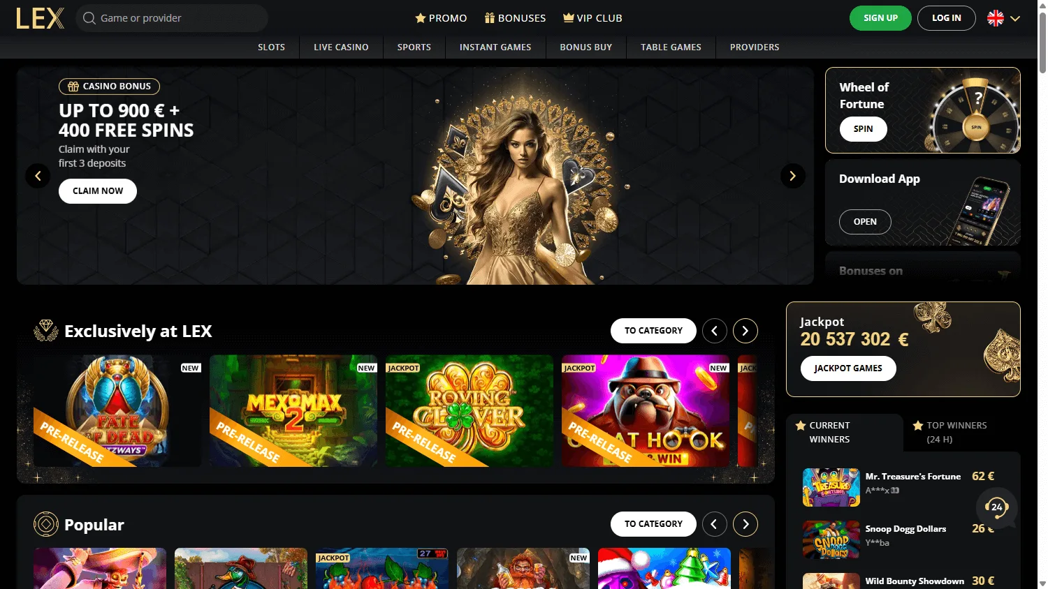 Lex Casino desktop homepage