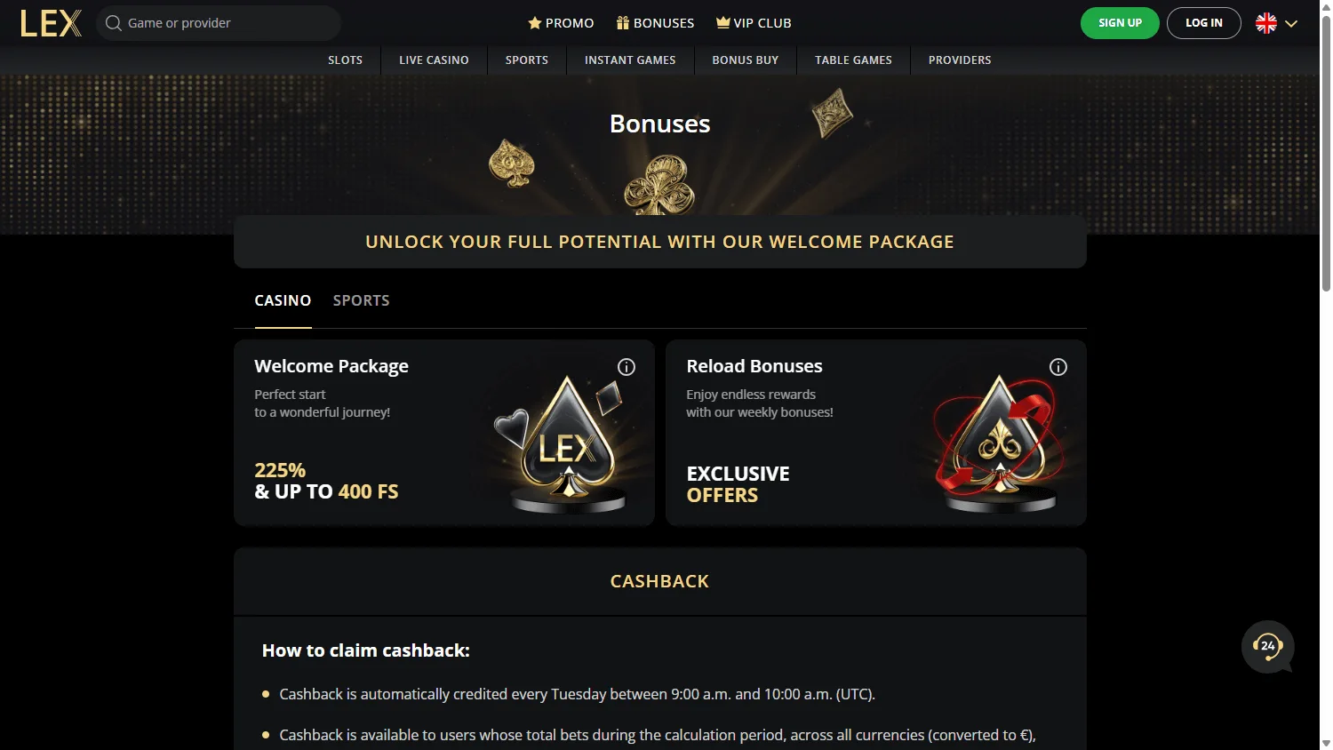 Lex Casino desktop promotions