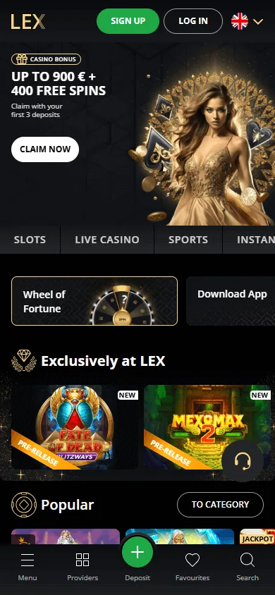 Lex Casino mobile homepage